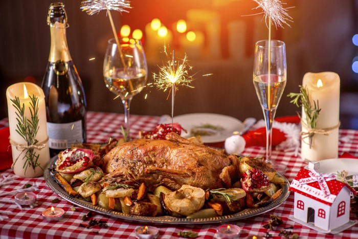 Christmas Dinner with Roast Duck and Champagne