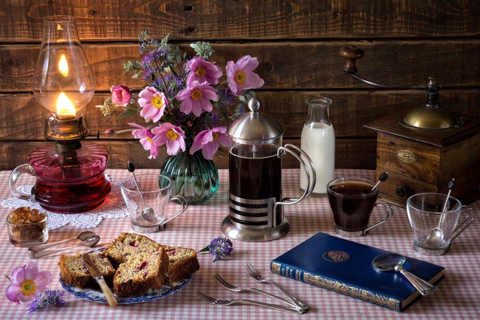 Cozy Coffee Setup with Vintage Kerosene Lamp 4K