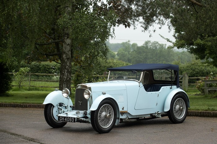 Light blue Aston Martin convertible with dark blue top
