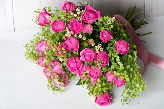 Bouquet of Pink Roses with Greenery and Ribbon