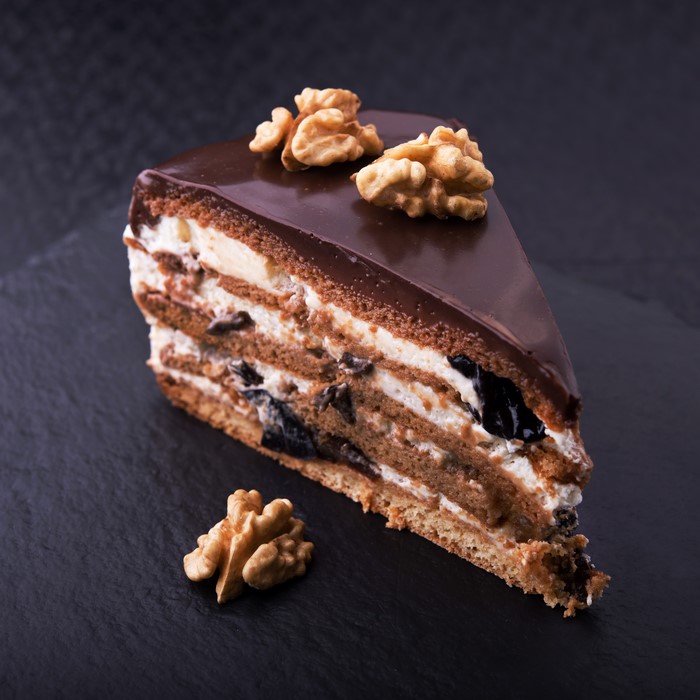 Slice of chocolate cake with walnuts