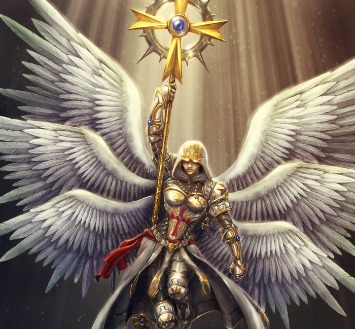 Angel warrior with golden staff and wings