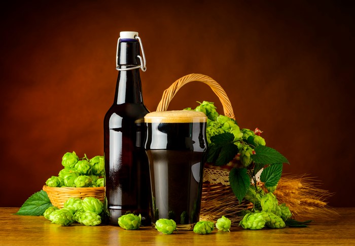 Beer bottle and glass with hops