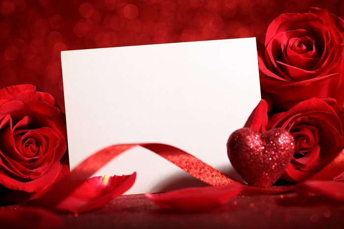 Red Roses with Greeting Card and Ribbon
