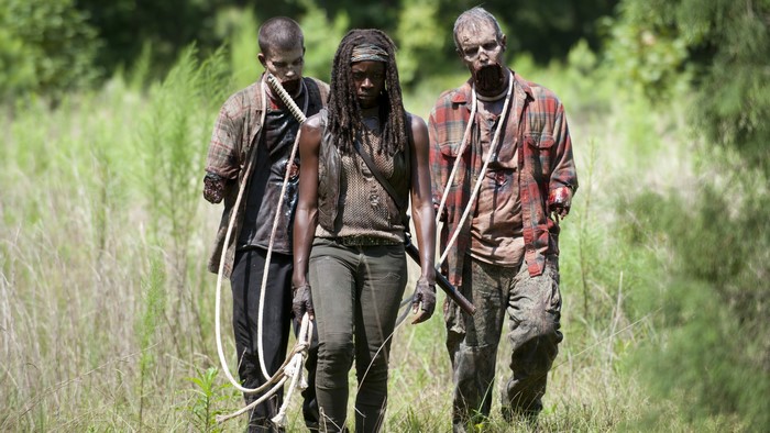 Michonne with two zombies from The Walking Dead
