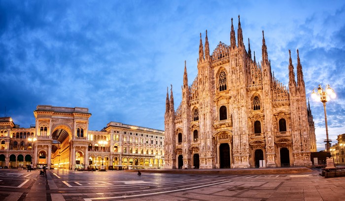 Milan Cathedral and Galleria Vittorio Emanuele II at dusk