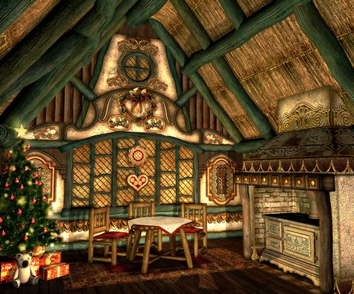4K Christmas Interior with Tree, Table, and Fireplace