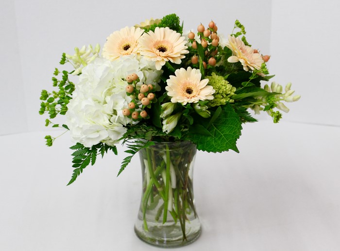 Peach Gerbera Daisies and White Hydrangeas in a Glass Vase