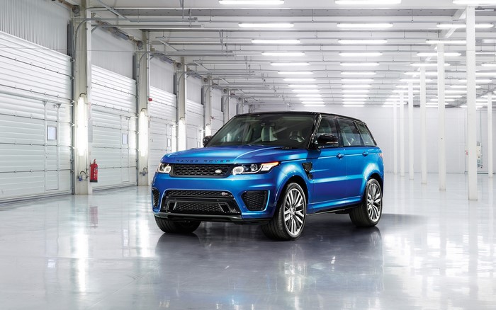 Blue 2015 Land Rover SVR Sport in a garage