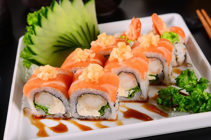 Salmon and Shrimp Sushi Rolls with Cucumber Garnish
