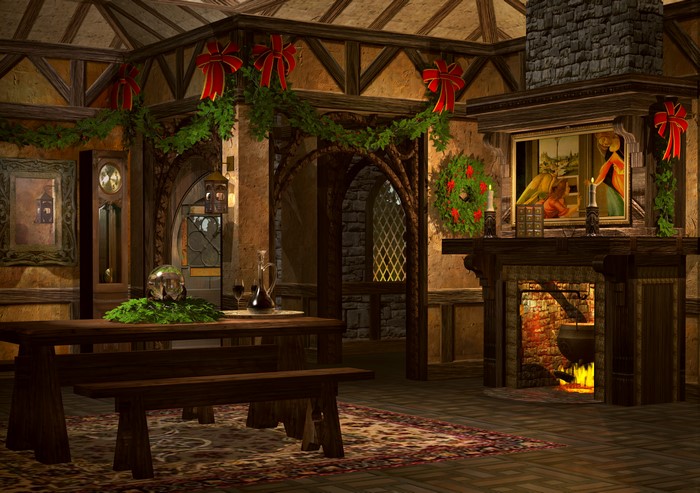 Christmas interior with fireplace and dining table