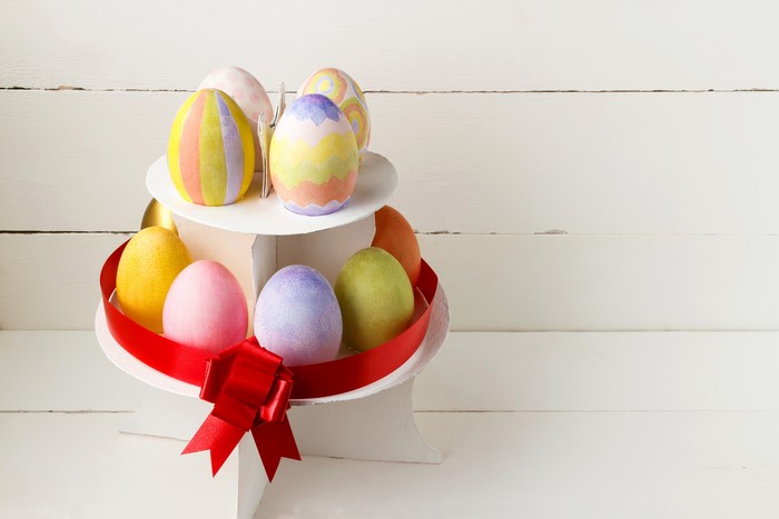 Easter Eggs on a Tiered Stand with Red Bow