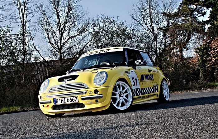 Yellow Mini Cooper with "Work Wheels" livery
