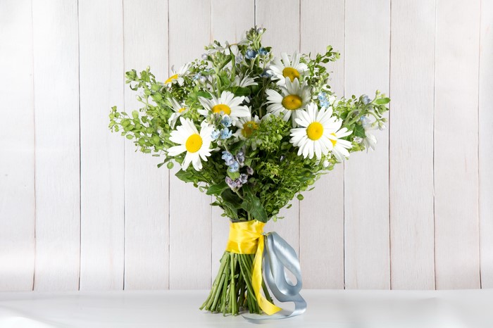 Bouquet of Camomiles with Yellow and Gray Ribbon