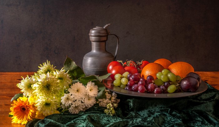Still-life with Grapes, Fruit, and Jug container