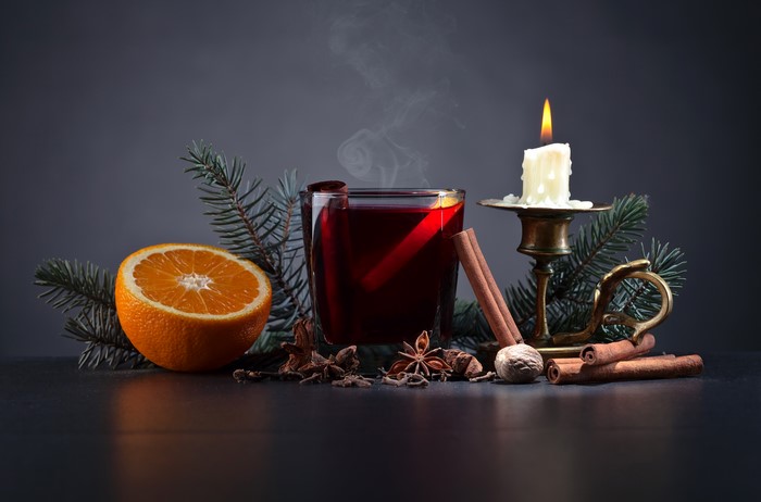 Mulled wine with orange, cinnamon, and star anise