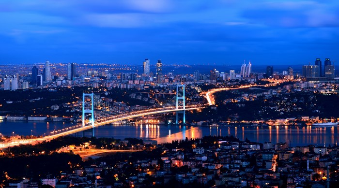 4K Istanbul Turkey Megapolis at Night with Bridge