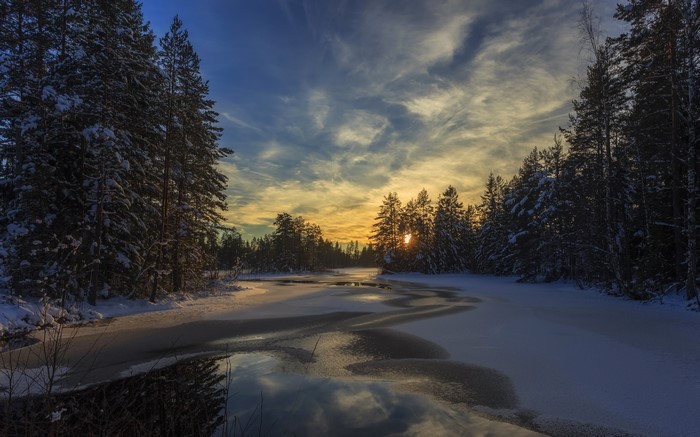 4K Winter Evening Sunset Over Snowy Forest and River in Arvika, Sweden