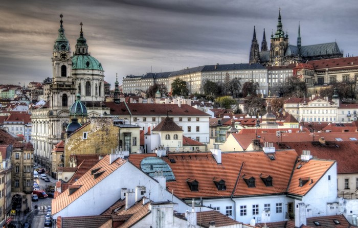 Prague, Czech Republic cityscape with St. Nicholas Church and Prague Castle