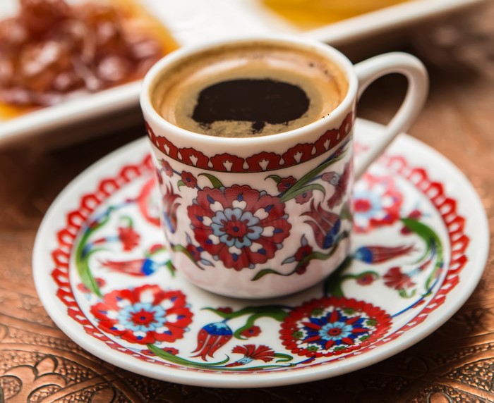 Turkish coffee cup and saucer with jam