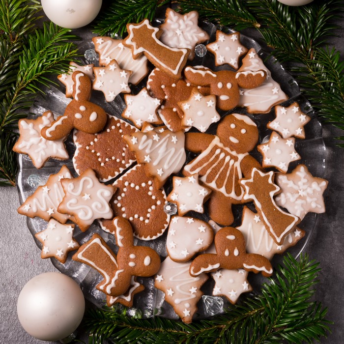 Christmas gingerbread cookies with fir branches