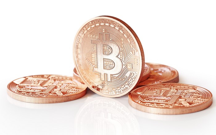 Bitcoin coins on a white background