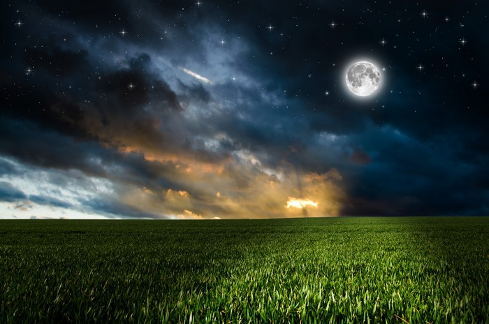 Night sky with moon and stars over a field