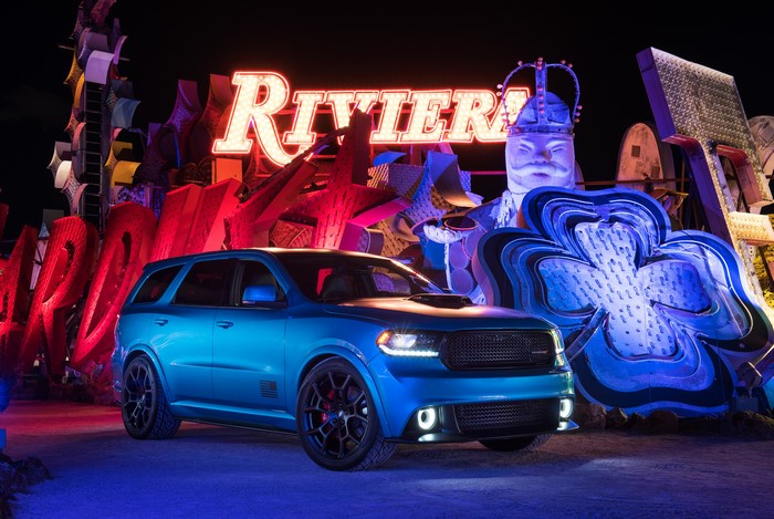 Blue Dodge Durango Shaker at Riviera sign