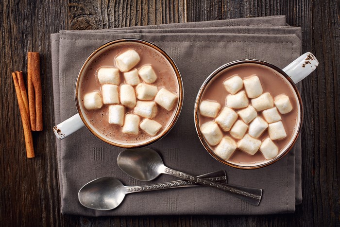 Hot chocolate with marshmallows and cinnamon sticks