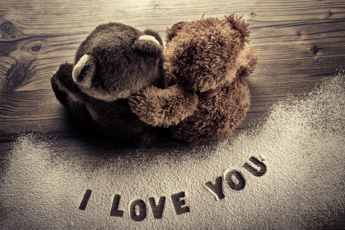 Two teddy bears hugging with "I LOVE YOU" written in powdered sugar