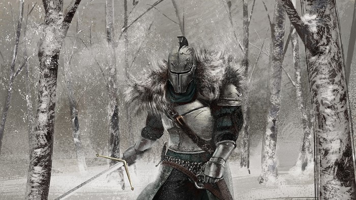 Knight in Armor with Sword in Snowy Forest