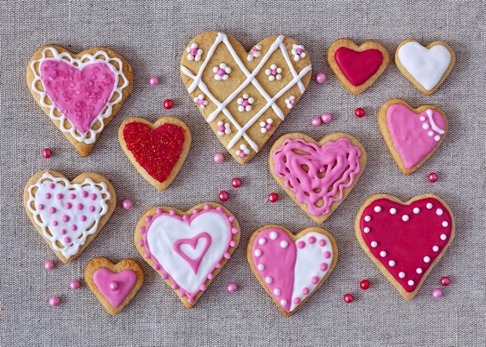 Heart-shaped cookies with pink and red icing