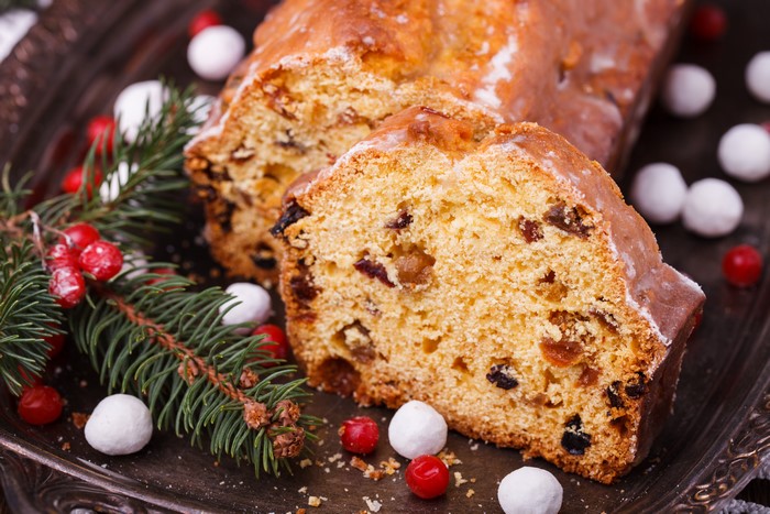 Christmas fruitcake with icing and decorations