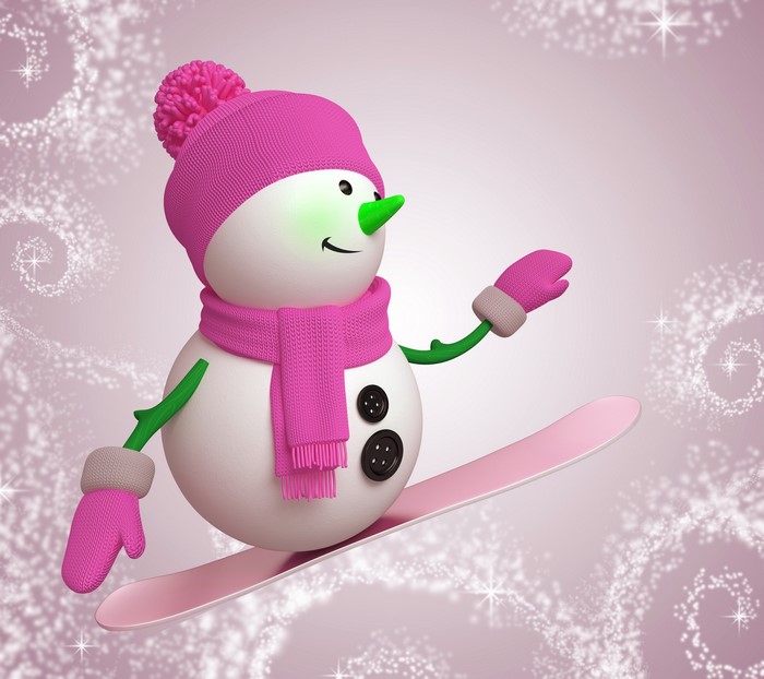 Snowman snowboarding with pink accessories