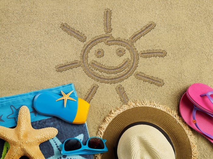 Summer Beach Scene with Sun Drawing and Accessories