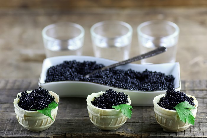 Black Caviar in Waffle Cups with Vodka