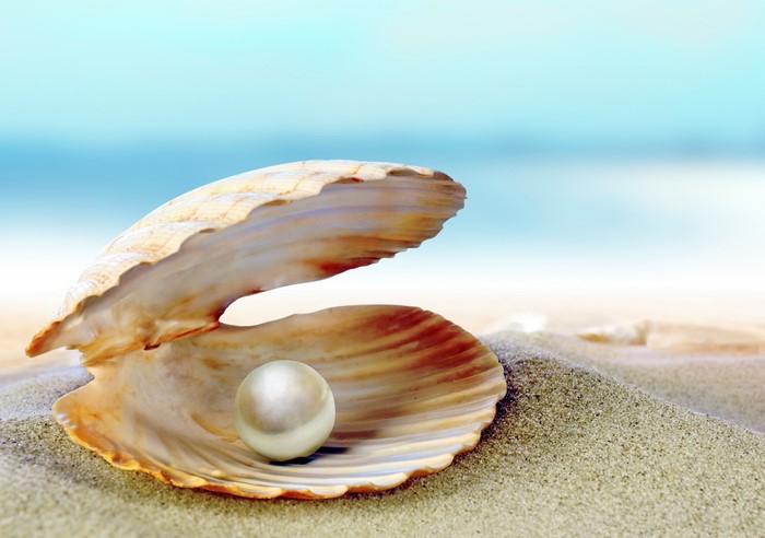 Pearl in a Shell on Sand with Ocean Background