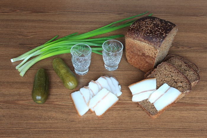 Vodka, Bread, Cucumbers, Salo, and Green Onions
