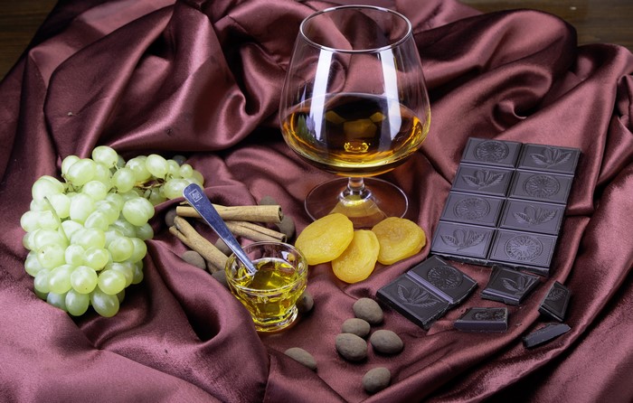 Whisky, Grapes, Chocolate, and Dried Apricots on Silk