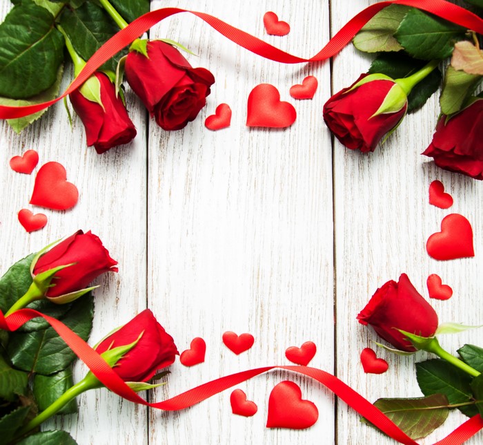Red Roses and Hearts on Wood