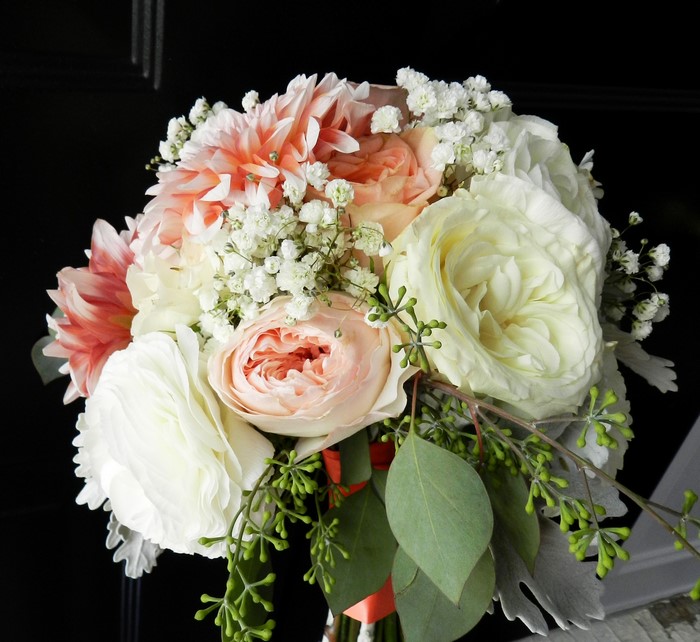 Peach and white floral bouquet with greenery