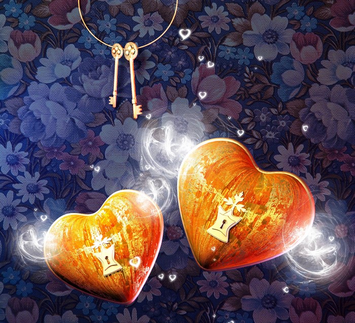 Two hearts with keys on a floral background