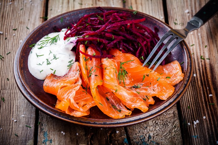 Smoked Salmon with Beetroot Salad and Dill Sauce on Plate