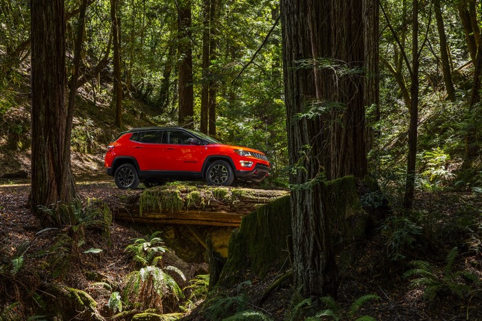 Red Jeep Compass Trailhawk in Forest