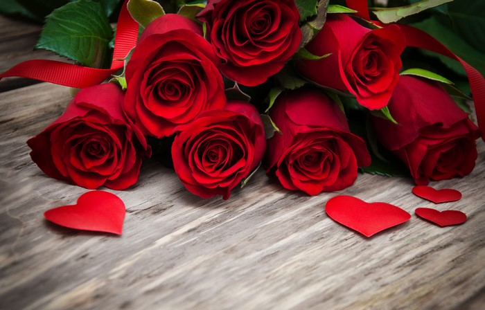 Red Roses and Hearts on Wood