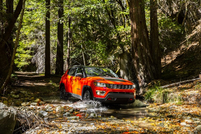 Orange Jeep Compass Trailhawk driving through a forest stream