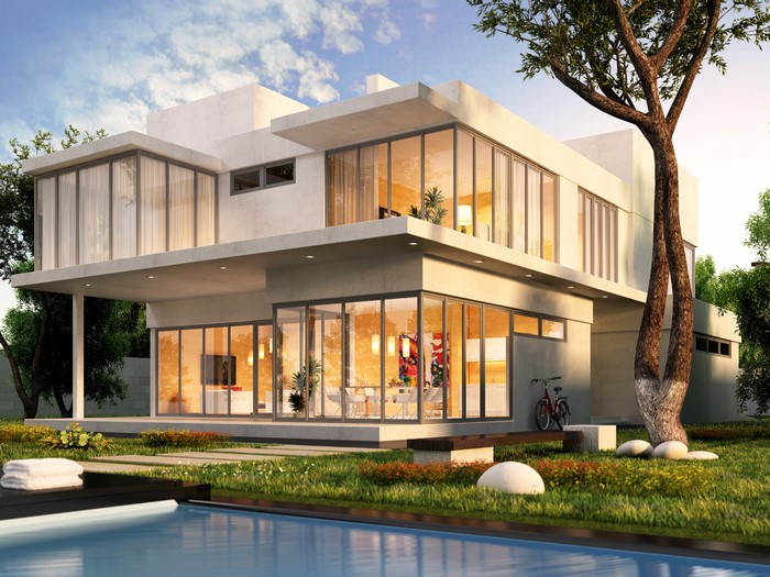Modern house with swimming pool and garden