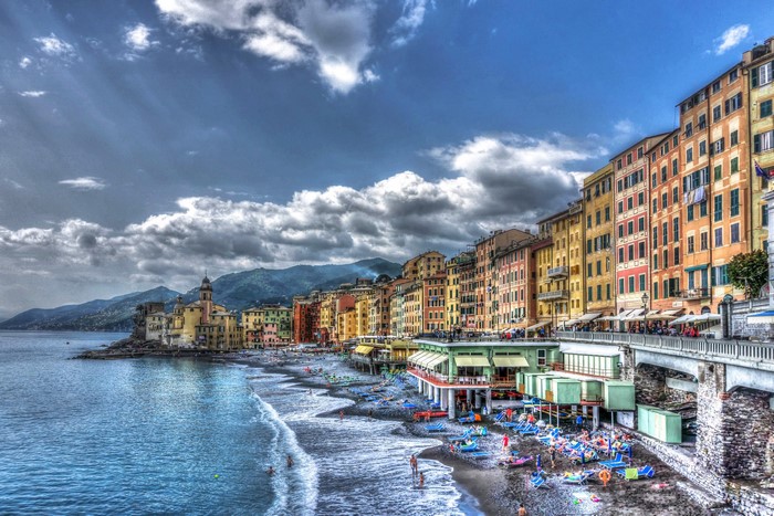 Camogli, Italy Coastline with Colorful Houses and Beach