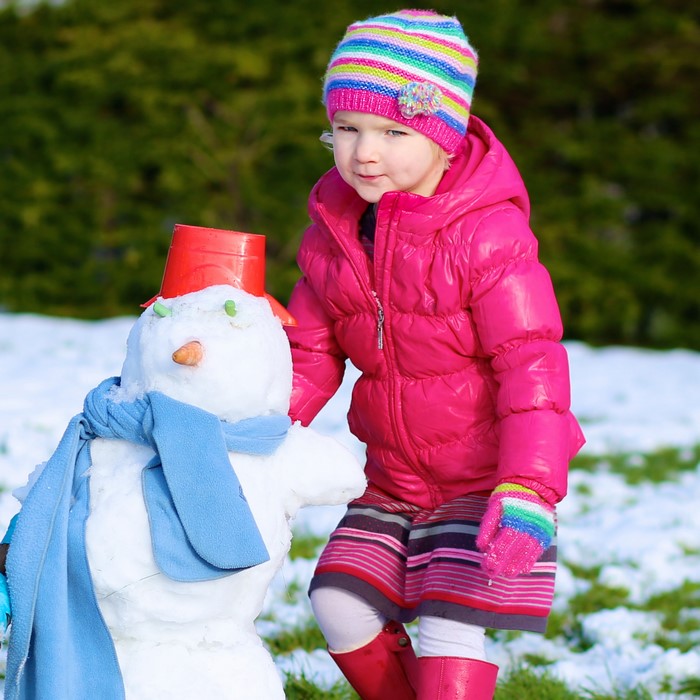 Girl in Winter Clothes with Snowman