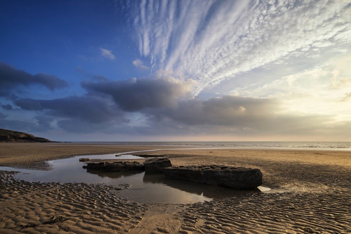 Dunraven Bay, Wales: Beach with Puddles and Dramatic Sky